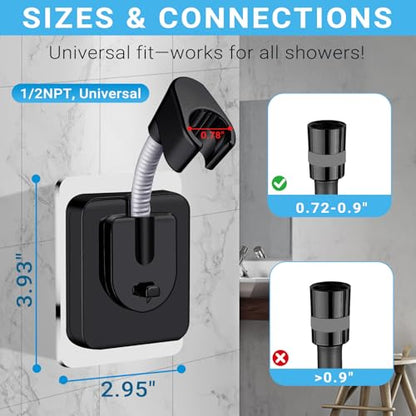 Strong Adhesive Shower Head Holder Adjustable, Black Handheld Shower Holder Wall Mount, Waterproof Bathroom Shower Wand Holder for Hand Held Showerheads, Rv, No Drilling, Ideal for Families & Renters
