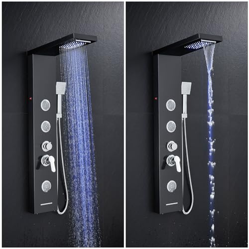 Multi-Function LED Lights Shower Panel System Black, 5 in 1 Shower Panel Include Rainfall & Waterfall Shower Head, 3 Pcs Adjustable Massage Jets, Handheld Shower, Tub Spout - color: Black - 2-in-1 Body Jets
