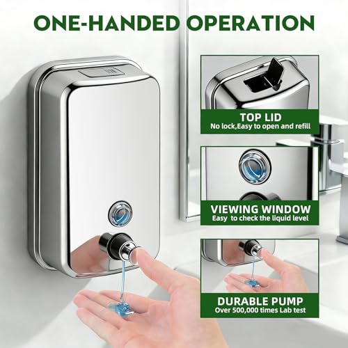 RYTOXILO Wall Mounted Soap Dispenser Silver Stainless Steel Commercial Soap Dispenser Hand Soap Dispenser for Bathroom Kitchen Home (34 fl oz / 1000ml) - color: Silver