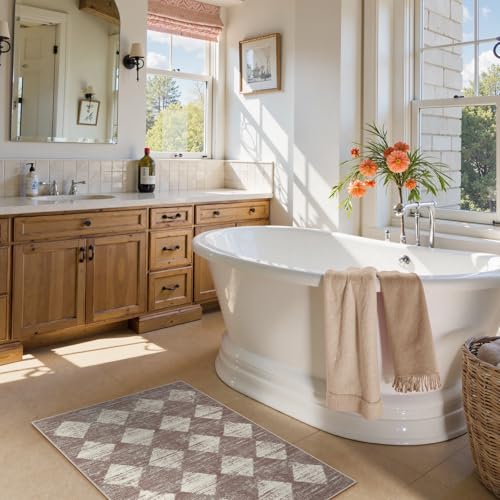 Lahome Checkered Bathroom Rug 2x3 Beige, Non Slip Washable Door Kitchen Mat - color: Beige, size: 2' x 3' (Rectangular)