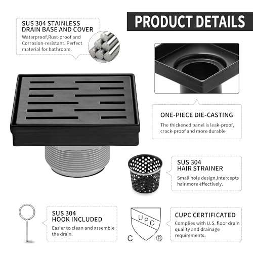 Square Shower Drain 4 inch, Matte Black 304 Stainless Steel Floor Drain for Bathroom, Removable Tile Insert Grate Includes Hair Strainer - color: Matte Black