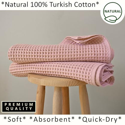 PÜSKÜL 2-Piece Natural 100% Turkish Cotton Waffle Bath Towels Extra-Large | Pink Powder 32x63" Bath Sheet Towel Light Soft Absorbent Quick-Dry Lint-Free Premium Honeycomb Weave Oeko-Tex Made in Turkiye - color: Pink Powder, size: Bath Towels - Pack of 2