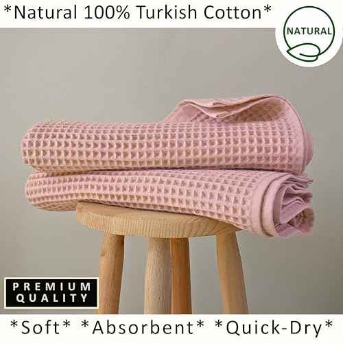 PÜSKÜL Natural 100% Turkish Cotton Waffle Bath Towels Set of 2, Extra-Large | Pink Powder, Oversize 32x63" Bath sheet towel for bathroom & beach. Honeycomb-Waffle weave, Premium oeko-tex made in Turkey. - color: Pink Powder, size: Bath Towels - Pack of 2