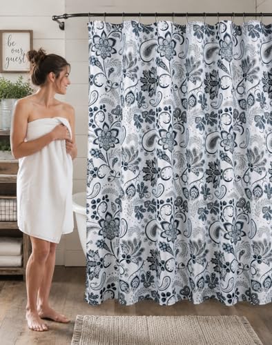 Serafina Home Hotel Quality Navy Gray Grey Fabric Bathroom Shower Curtain: Paisley Floral Leaf Damask Design on White (72 x 70 inches) - color: Jacobean
