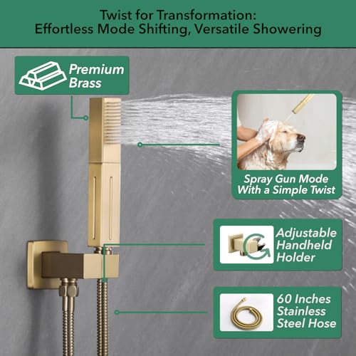 VANFOXLE Shower System, Brushed Gold Shower Faucet Set, Four Modes | 10 Inch Ceiling Mount Head Increased Thick, 6 Inch Second Head, 2-in-1 Handheld Combo, 4 PCS Dual Mode Body Jets, Brass Valve - color: Brushed Gold
