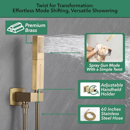 VANFOXLE Shower System, Brushed Gold Shower Faucet Set, Four Modes | 10 Inch Ceiling Mount Head Increased Thick, 6 Inch Second Head, 2-in-1 Handheld Combo, 4 PCS Dual Mode Body Jets, Brass Valve - color: Brushed Gold