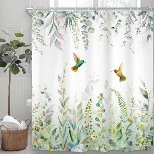 Sage Green Eucalyptus Extra Long Spring Leaves Bathroom Shower Curtain Set | 72"W x 84"H Botanical Plants; waterproof HD print, quick-dry fabric with 12 free hooks for easy hanging. - color: A-sage Green, size: 72"W x 84"L (Pack of 1)