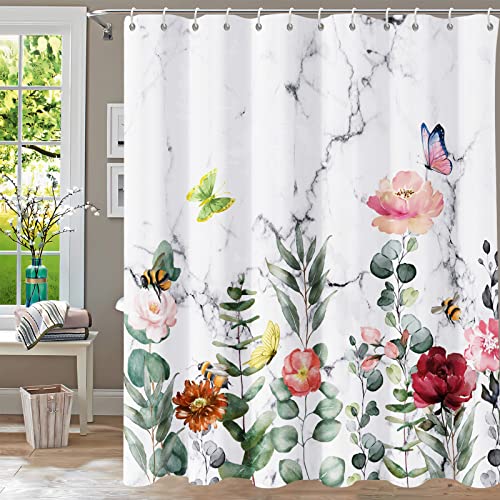 Floral Shower Curtain, Marble Flower Shower Curtains for Bathroom, Watercolor Plant Bathroom Curtain, Fabric Shower Curtains for Home Hotels Bathtubs Decor Easy Care Machine Washable 72x72 - color: Flower Leaf, size: 72"W x 72"L (Pack of 1)