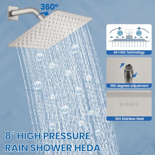 Airuida Brushed Nickel Shower Faucet Set,8 Inch Shower Valve Kit | Square Showerhead,Female Thread Rough-in Valve,Bathroom Rain Shower System,Single Function Handle - color: Brushed Nickel