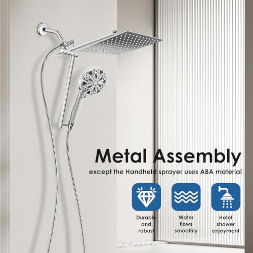 10" Metal Rainfall Shower Head with Handheld Combo, High Pressure Shower heads with 10 Spray Modes, Adjustable Extension Arm,71 Inches Hose and Integrated holder for Easy Fixing,Chrome