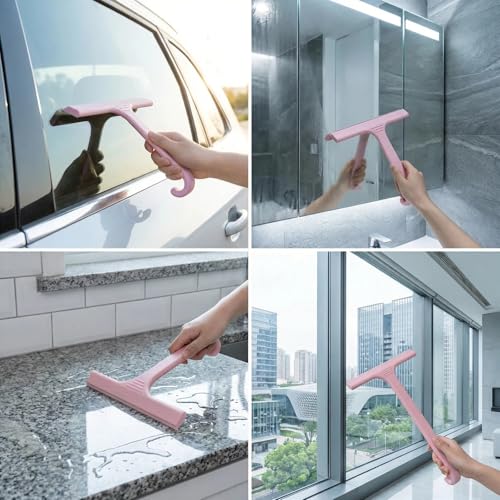 Silicone Shower Squeegee - All-in-One Design with Built-in Hook, 10 Inch Streak-Free Bathroom and car Cleaner for Glass Doors, Mirrors, Windows, Tiles Pink - color: Pink