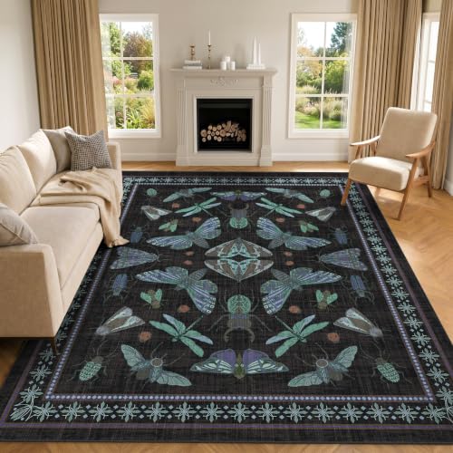 Arenarug Area Rug 8x10 Non Slip Washable Rug Insect Boho Soft Distressed Vintage Lightweight Low Pile Carpet for Living Room, Bedroom, Dining Room, Kitchen, Office, Navy Blue Black - color: Navy Blue, size: 8'x10'