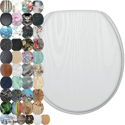 SANILO Wooden Toilet Seat with Soft Close [ROUND] - Decorative, Quiet & Slow Close Molded Wood Seat - With Strong Bumpers & Hinges - Adjustable Fit – White Wood - color: White Wood