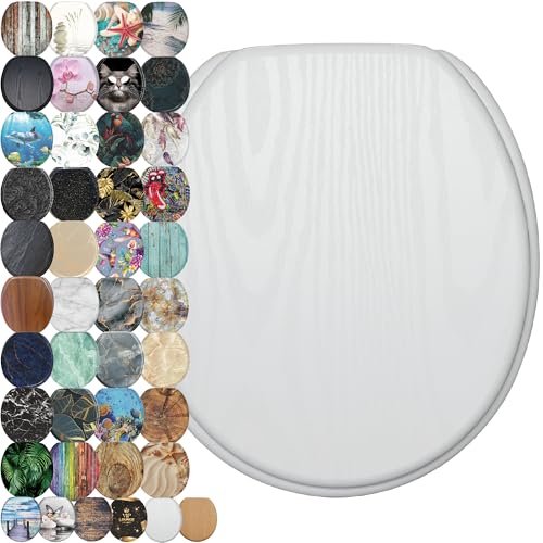 SANILO Wooden Toilet Seat with Soft Close [ROUND] - Decorative, Quiet & Slow Close Molded Wood Seat - With Strong Bumpers & Hinges - Adjustable Fit – White Wood - color: White Wood