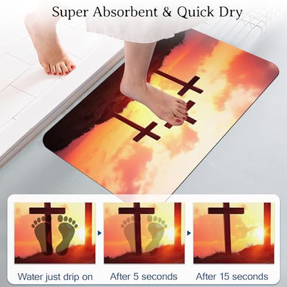 Elightvap Bath Mat Cross Mountain Sunset Bathroom Rug,Soft and Non Slip Bath Rugs,Quick Drying Machine Washable Floor Mat 17 * 29.5 Inches for Shower Room,Bathtub,Kitchen Bathroom - color: Cross Mountain Sunset