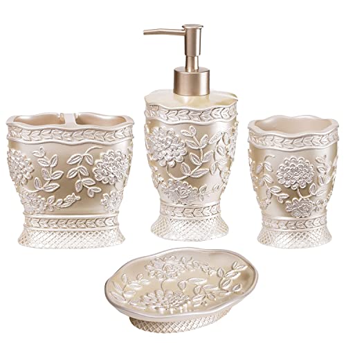 Zahari Home 4pc Rose Vine Bathroom Accessories Sets Lotion Pump, Tumbler, Tooth Brush Holder and Soap Dish Unique Design Beige Bathroom Set - color: Rose Vine, style: 4 Piece Set