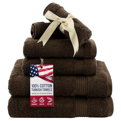 American Veteran Towel, 6 Piece Towel Set for Bathroom, 100% Cotton Turkish Bathroom Towels, 2 Bath Towels 2 Hand Towels 2 Washcloths, Brown - color: Brown, size: X Large 6 PC