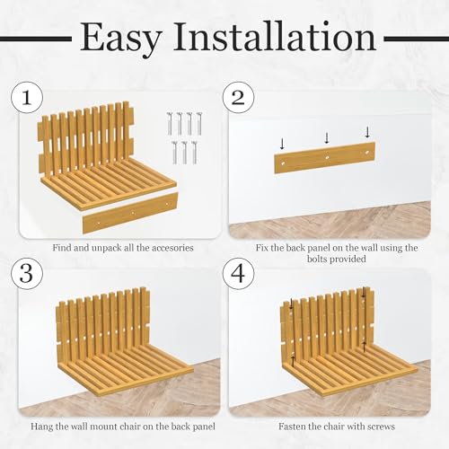 Wall Mounted Folding Chair, Bamboo Fold Down Seat for Entryway, Shower and Small Spaces, Holds 260 lb (120 kg), Space Saving Wall Bench, Mounting Hardware Included