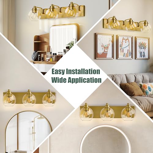 3 Light Bathroom Light Fixtures-Brushed Gold Bathroom Vanity Lights, Modern Vanity Lights 3-Light Bathroom Lighting Fixtures Over Mirror with Clear Glass Globe Shade - color: Gold, size: 3-Light