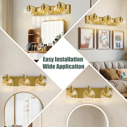 3 Light Bathroom Light Fixtures-Brushed Gold Bathroom Vanity Lights, Modern Vanity Lights 3-Light Bathroom Lighting Fixtures Over Mirror with Clear Glass Globe Shade - color: Gold, size: 3-Light