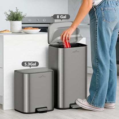 mVm Kitchen Trash Can, 5.3 Gal Trash Can with Lid, Smooth Edge Step Garbage Bin for Home Kitchen Office (Gray) - color: Gray, size: 5.3Gal