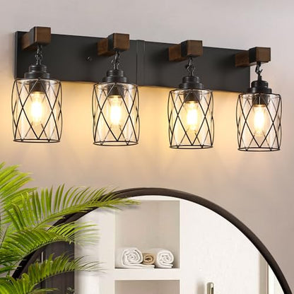 Bathroom Light Fixtures, Farmhouse Black Metal with Glass Shade | 4 Light Rustic Vanity Lights, Wood Accent Wire Cage Design, Mounts Over Mirror, Ideal for Bedroom & Hallway,Easy to Install - size: 4-Light