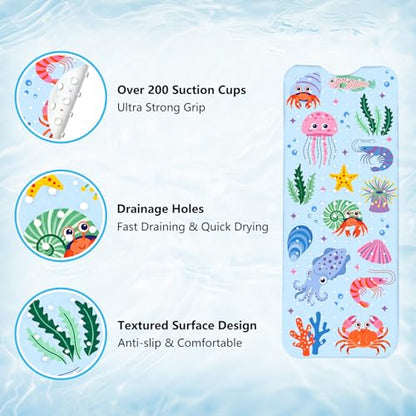 Bath Mats for Tub Kids Baby, Large Cartoon Sea Baby Bathtub Mat Non Slip, Machine Washable, 40"x16" Long Tub Mats with Suction Cups & Drain Holes, Non Slip Baby Shower Mat for Toddler(Sea Animal) - color: Sea Animals1