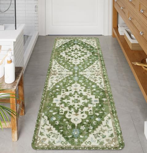Uphome Boho Retro Large Bathroom Rugs Sage Green Non-Slip Soft Bedroom Runner Rug Oriental Floral Machine Washable Kitchen Rug Cute Farmhouse Floral Carpet for Hallway Laundry Kids Room, 24x59 inch - color: Sage Green, size: 24x59 inch