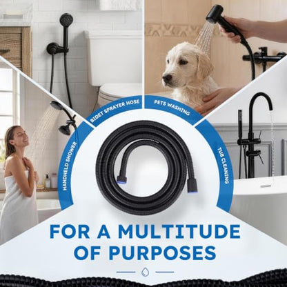 63" Shower Hose, Stainless Steel Shower Head Hose Extension, Black | Stainless Steel Material, Stretchable Design, Tangle-Free Design, Double Buckle Design, Handheld Shower Hose for Bathroom - color: Black, size: 63inch