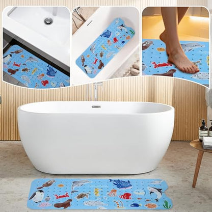 Bath Tub Shower Mat Non Slip Kids Bathtub Mat Anti Slip Baby Bath Mat for Tub 40 x 16 Inch Extra Long Toddler Bath Mat with Suction Cups and Drain Holes for Bathroom Floor,Penguin Seal - color: Penguin Seal