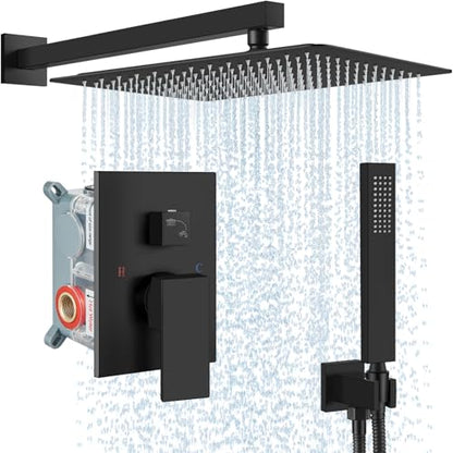 Midanya Shower Faucet Set with Handheld Sprayer,16 Inch,Matte Black | Rough-in Shower Valve and Trim Kit Included,Square Rain Head,Wall Mount Shower System,All Metal,Bathroom - color: Black, size: 16 Inch