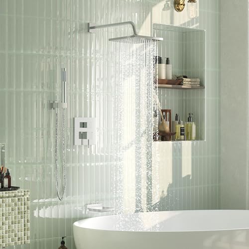 Esnbia Bathtub Shower Faucet Set, Rain Shower System with Tub Spout, 10 Inches Shower Heads with Handheld Spray Combo, Wall Mounted Shower Fixtures with Shower Valve kit, Chrome - color: Chrome