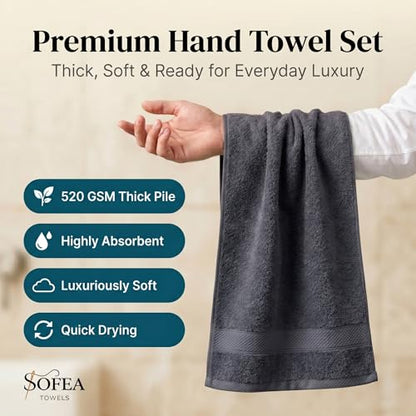 Sofea Hand Towels 6 Pack (16 x 28 Inches) 100% Cotton Bathroom Towels, Soft Absorbent Quick Dry Hand Towels for Bathroom Kitchen - color: Dark Grey