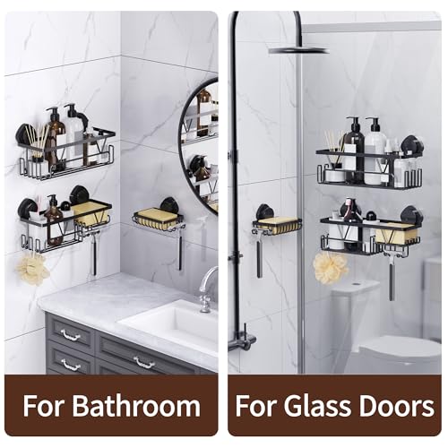 KEGII Shower Caddy Suction Cup, 3 Pack Removable Shower Shelves with Hooks & Soap Holder, No Drilling Bathroom Organizer, Waterproof Suction Storage for Inside Shower, Black
