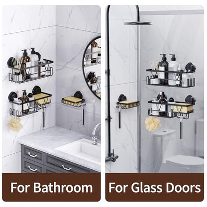 KEGII Shower Caddy Suction Cup, 3 Pack Removable Shower Shelves with Hooks & Soap Holder, No Drilling Bathroom Organizer, Waterproof Suction Storage for Inside Shower, Black
