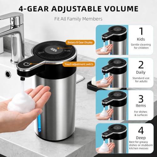 Touchless Automatic Foaming Soap Dispenser for Bathroom | Rechargeable, 13.5oz Large Capacity, Fast Sensor, 4 Adjustable Liquid Levels, Waterproof, Clog-Free Pump - color: St-03 Foam Silver, style: Foam