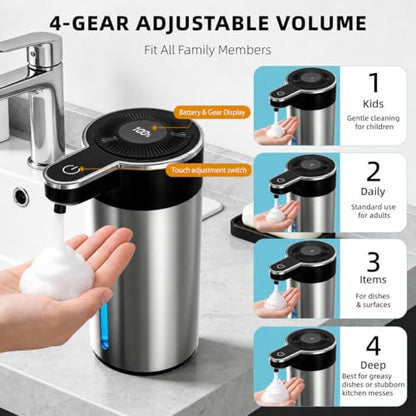 Touchless Automatic Foaming Soap Dispenser for Bathroom | Rechargeable, 13.5oz Large Capacity, Fast Sensor, 4 Adjustable Liquid Levels, Waterproof, Clog-Free Pump - color: St-03 Foam Silver, style: Foam
