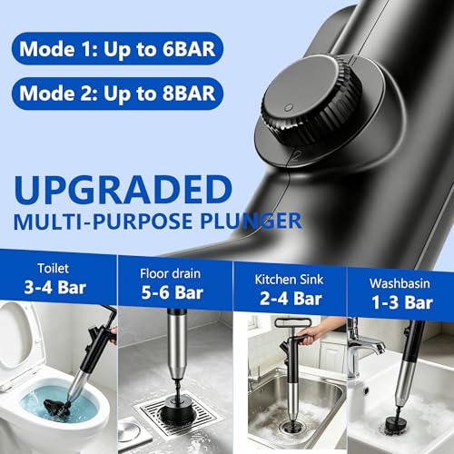 Toilet Plunger, High Pressure Toilet Plunger, Air Drain Blaster with Visual Barometer, Stainless Steel Drain Clog Remover Heavy Duty Plunger for Bathroom,Toilet, Kitchen, Floor Drain