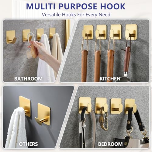 Gold Adhesive Wall Hooks 15LB Max Heavy Duty Sticky Hook Rustproof | 2" Stainless Hanger for Hanging Coat Towel Robe Hat for Bathroom Kitchen Shower RV Glass Wall, No Drilling Brushed Gold 4Pack - color: Sq- Brushed Gold
