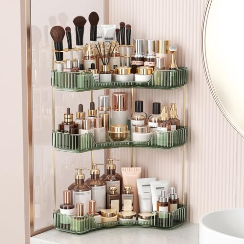 BEFSOP Corner Bathroom Counter Organizer, Upgraded 3-Tier Makeup Organizer Countertop with Makeup Brush Holder, Skincare Exquisite Vanity Organizers Countertop Bathroom Storage Dresser(Green) - color: Green, size: 3 Tier