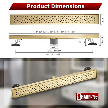 Sharp-tec 48 inch Linear Shower Drain, Golden Linear Drain with cUPC Certification, 304 Stainless Steel Shower Drain Easy to Install and Clean for Bathroom Shower Room, ST-099-48G - color: Gold, size: 48 inch