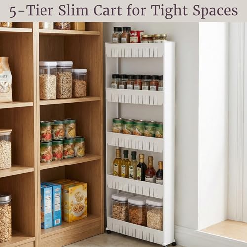 Lavish Home Slim Rolling Storage Cart, White, 21.5” x 5” x 52” - size: 5-Tier