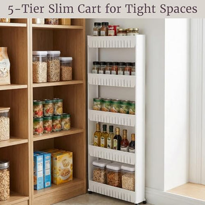 Lavish Home Slim Rolling Storage Cart, White, 21.5” x 5” x 52” - size: 5-Tier