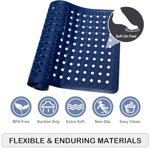 Non-Slip Bathtub and Shower Mats, Power Grip Bath Mat 35 x 16.3 Inch with Suction Cups and Drain Holes for Tub Bathroom Floor Safety, Machine Washable Soft Bathmat, Navy Blue - color: Navy Blue
