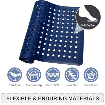 Non-Slip Bathtub and Shower Mats, Power Grip Bath Mat 35 x 16.3 Inch with Suction Cups and Drain Holes for Tub Bathroom Floor Safety, Machine Washable Soft Bathmat, Navy Blue - color: Navy Blue