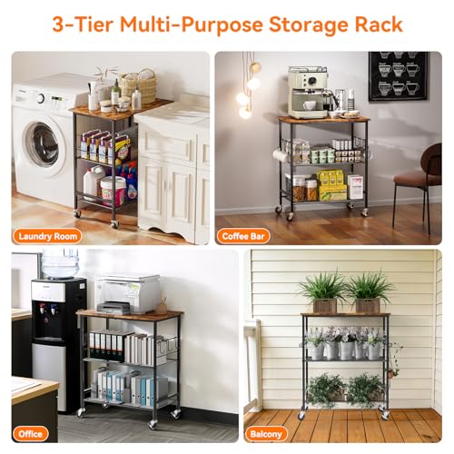 NTE Rolling Kitchen Microwave Cart, 3 Tier Microwave Stand with Storage, Small Kitchen Island on Wheels, Kitchen Storage Cart with 6 Hooks for Kitchen, Coffee Bar, Living Room, Balcony - color: Black