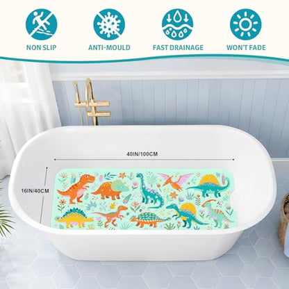 Baby Bath Mat for Tub Non Slip Kids, BPA Free Extra Long Bathtub Mat 40x16 with Drain Holes and 200 Suction Cups, Non Toxic Machine Washable Toddler Bath Mat, Eco-Friendly Certified - color: K-dense Dinosaurs-1