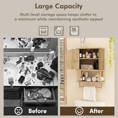 RUSTOWN Rattan Bathroom Wall Cabinet, Modern Boho Medicine Cabinets, Small | 2 Arched Rattan Doors, Adjustable Shelf, Towel Bar Rack, Over The Toilet Storage Cabinet for Bathroom, Living Room, Kitchen - size: Small
