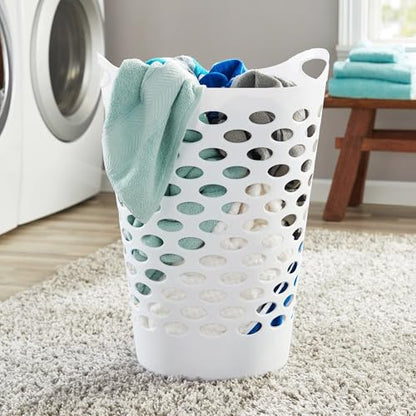 Tall Flex Laundry Basket Plastic Hamper for Clothes, Bedroom, and Storage with Handles 17.75" x 17.25" x 26", White