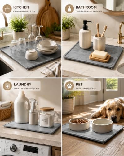 Diatomaceous Earth Dish Drying Mat, Counter, Dark Gray, 24x16 in | Food-grade diatomaceous earth, fast water absorption, 4 sturdy steel feet, doubles as bath or pet mat, dishes not included